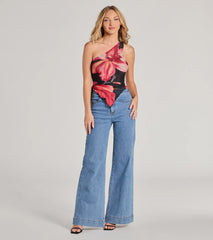 Pretty Bold One-Shoulder Floral Mesh Crop Top