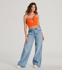 Here To Slay One-Shoulder Cutout Knit Crop Top