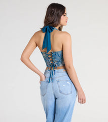 Day By Day Halter Lace-Up Tapestry Corset Top