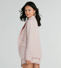 Preppy Beauty Tweed Faux Pearl Button Plaid Blazer