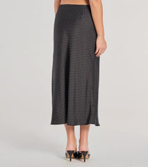 There She Goes High-Rise Slit Polka Dot Satin Midi Skirt
