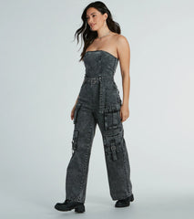 Pit Stop Strapless Cargo Acid Wide-Leg Denim Jumpsuit