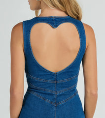 Heart Open Zip Up Flare Denim Jumpsuit