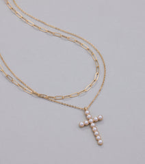 Devoted Love Faux Pearl Cross Chain Necklace