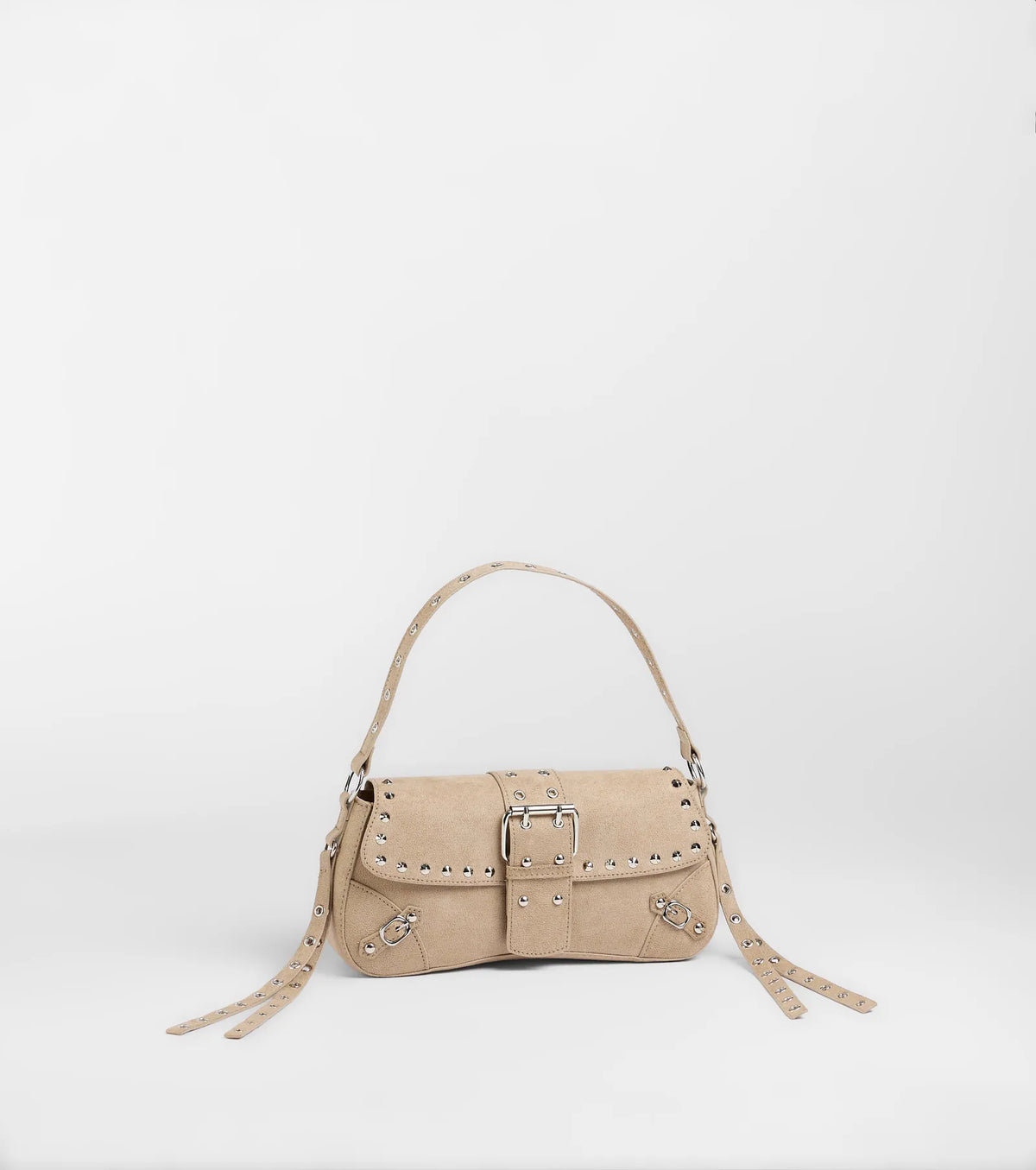 Buckle Up Faux Suede Studded Shoulder Bag