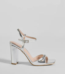 Party Moves Rhinestone Buckle Metallic Block Heels